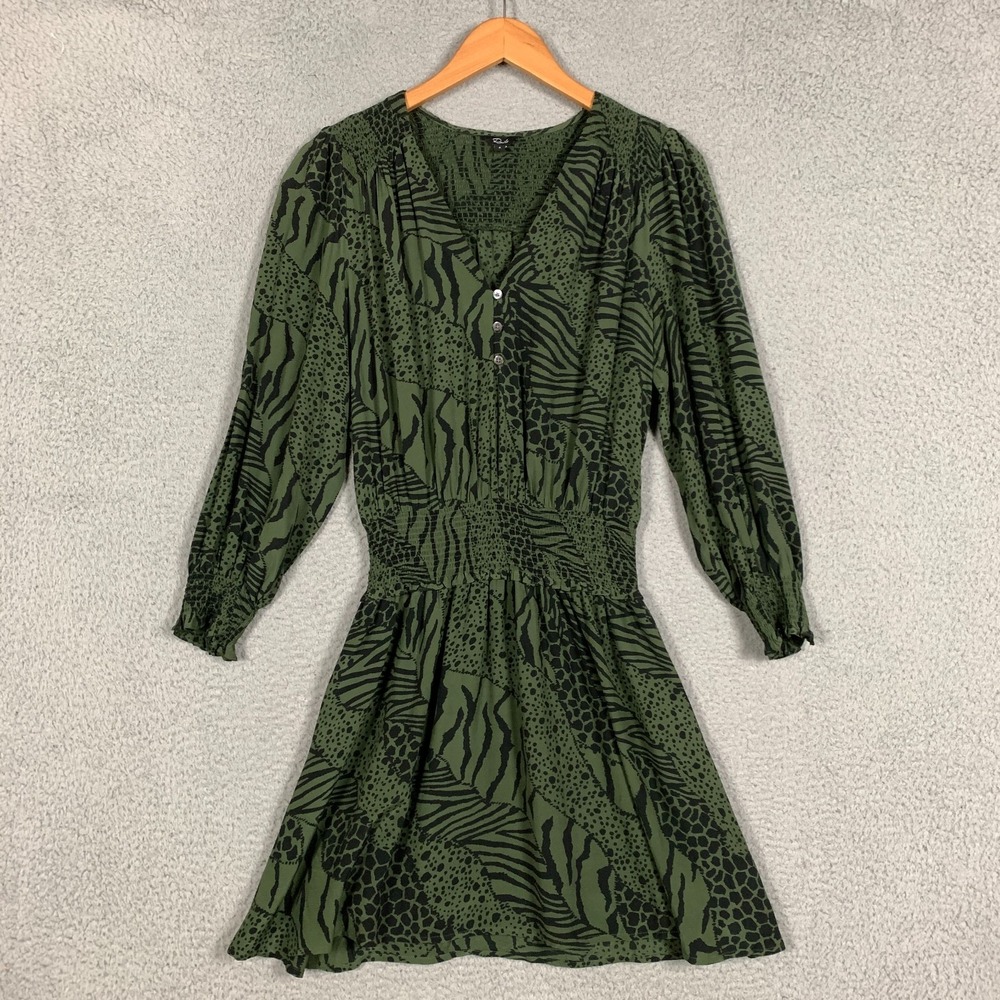 Rails Zana Mini Dress Size Small S Olive Mixed Animal Stripe Crepe Smocked Waist - Picture 2 of 11